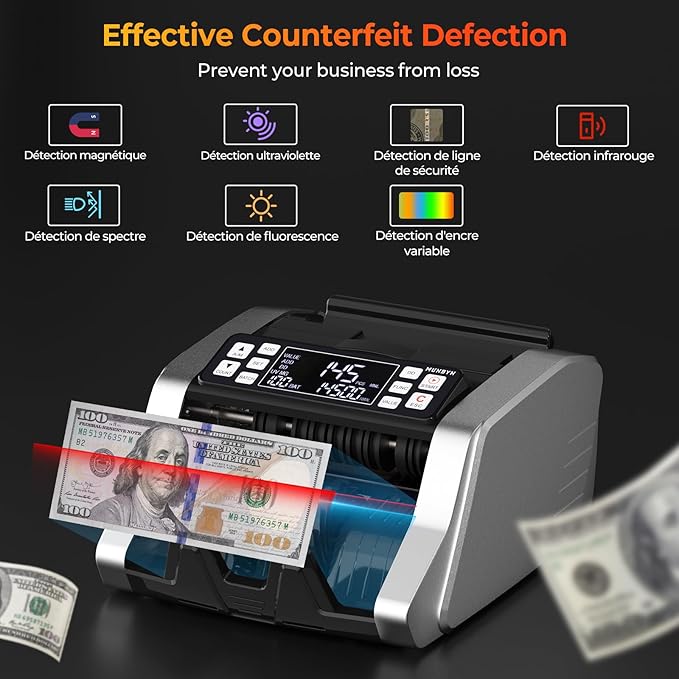 MUNBYN IMC20 Money Counter Machine with Value Count, UV/MG/IR/MT Counterfeit Detection for Dollar/Euro Bill Counter, Add/Batch/Value Mode Cash Counter, LED External Display, 2Y Protection