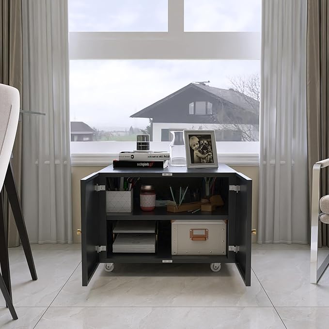 Small Space Printer Stand with Doors, Mini Fridge Stand for Laundry, 3D Printer Stand with Storage, Low Printer Table, Modern Under Desk for Home Office, Small Carts for Scanner, Fax