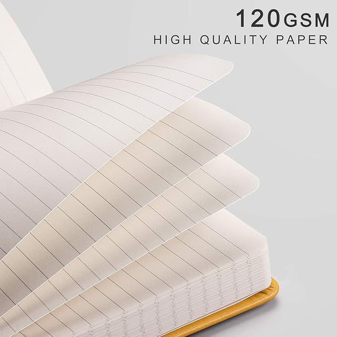 EMSHOI College Ruled Notebook 120gsm Thick Lined Journal - 256 Numbered Pages, A5 Hardcover Leather Writing Notebook for Work, School, Travel - with Sticky Notes, 5.75"x8.38", Yellow