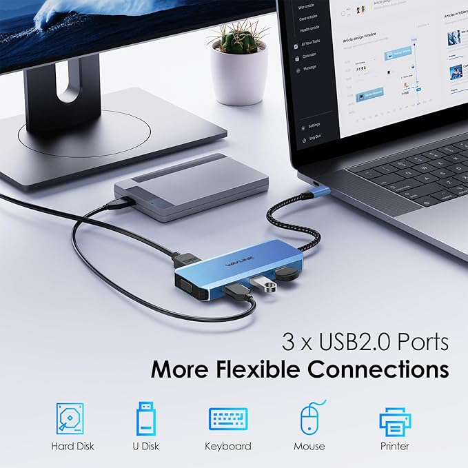 WAVLINK USB C Docking Station for MacBook Dell XPS 13/15, Lenovo Yoga, HP Laptops, USB C to Dual HDMI Monitors for Windows, USB Hub Adapter with Dual HDMI, Displayport, VGA, 3 USB 2.0 Ports, Blue