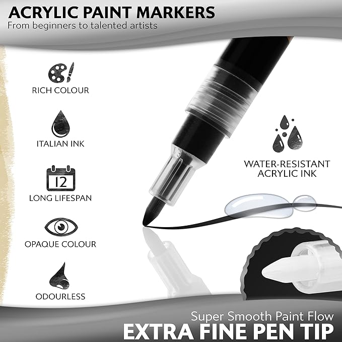 Stylo 4 Count Acrylic Metallic Pens - Black Paint Pens - Fine Tip Permanent Acrylic Metallic Paint Markers for Rock Painting, Glass, Wood, Ideal for Arts and Crafts (Pack of 4, Black)