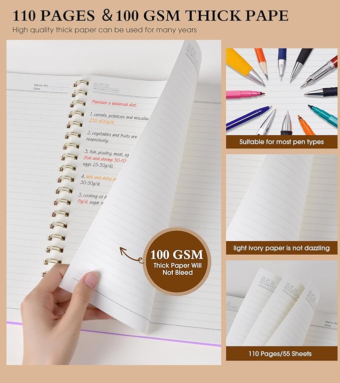 Spiral Notebook Journal 8.5” x 11”, A4 Large Notebooks for Women Men, College Ruled Lined Journal, 100 GSM Paper, Hardcover Spiral Bound Journals for Work School Writing Note Taking Business, Purple