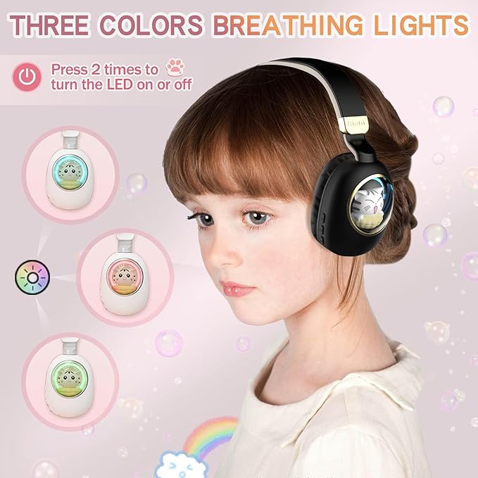 Kids Bluetooth Headphones - Light Up Cat Over Ear Kids Wireless Noise Cancelling Headphones with Microphone for Kids for School Gaming Headset Headphones for IPad Kindle Tablet PC Travel (Black Gold)