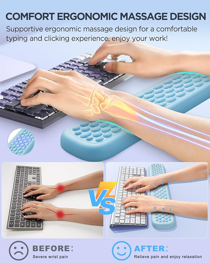Lekvey Ergonomic Wrist Rest for Computer Keyboard - Memory Foam with Massage Points & Waterproof PU Leather Wrist Pad, Carpal Tunnel Support for Office/Gaming, Typing Pain Relief, Easy-Clean（Blue）