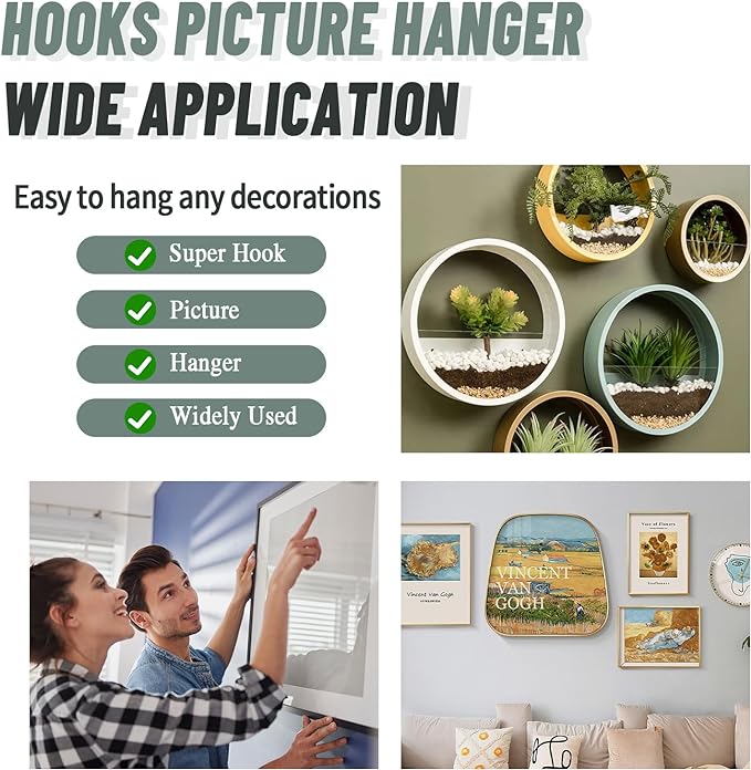 20pcs Super Hook Picture Hangers and Office Pack, Drywall Hooks for Hanging Pictures, Wall Hooks, Picture Hangers, Picture Hanging Kit，Hang Art, Clock, Shelves, Mirrors
