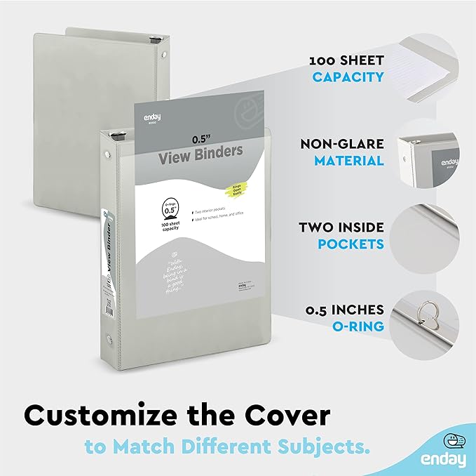 ½ Inch 3 Ring Binder Grey, .5 Inch Round Ring Clear View Cover with 2 Inside Pockets Binders, Colored School Supplies Binders, Also Available in Pink, Red, Green, Blue, and Purple (6 PC) – by Enday