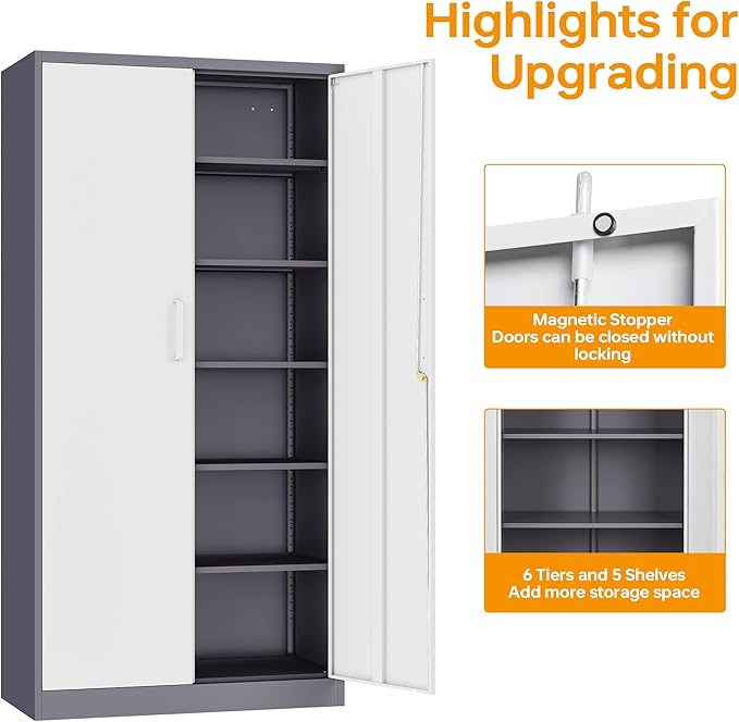 STANI Metal Garage Storage Cabinet with Lock, 71" Steel Lockable File Cabinet, Locking Steel Storage Shelf with 5 Adjustable Shelves for Home, Office, Warehouse, Garage, School (White+Grey)