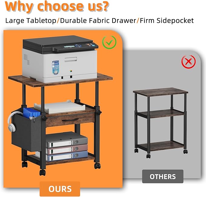 Large Printer Stand with Storage Drawer and Side Bag, 3-Tier Height Adjustable Table for Home Office, Fits Heat Press/Laser/3D Printer (Rustic Brown)