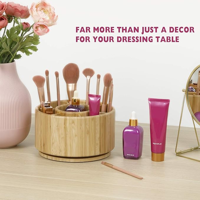 Bamboo Rotating Pencil Holder for Desk - Pen Holder Desk Organizer with 7 Compartments, Office Supplies Desktop Storage Caddy for Colored Pencils, Markers, Crayon, Comestics and Cutlery etc.