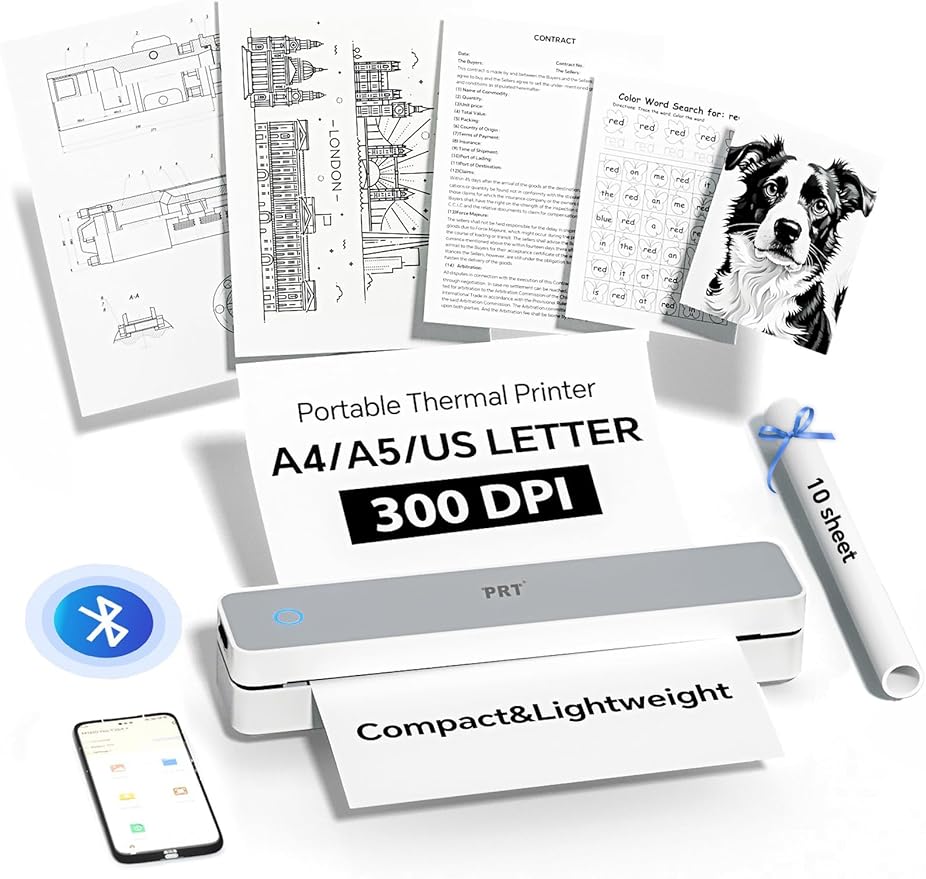 PRT Portable Printer Wireless for Travel, Inkless Bluetooth Small Mobile Thermal Printer, Support 8.5" X 11", A4, Compatible with iOS, Android, Laptop for Home Use, Office & Vehicles, 300 DPI, White