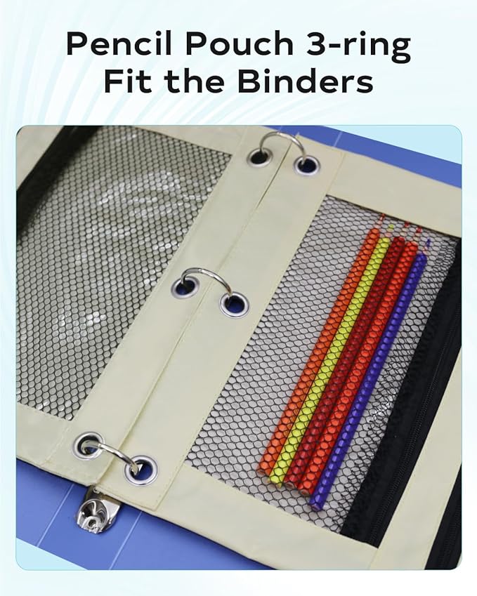 Pencil Pouch for 3 Ring Binder - 3 Hole Zipper Pen Case Bag Holder Bulk Accessories Clear Window Aesthetic Organizer Pockets (Beige, 1)