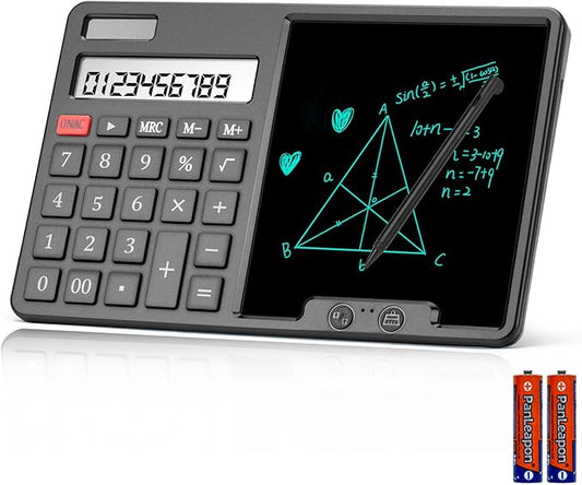 Calculator with Writing Pad - Solar & Battery Dual Power Supply - 12-Digit Large Display Calculator for Business and Office Use (Black)