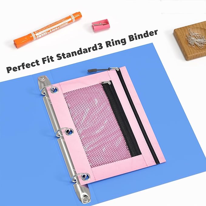 DoDoMagxanadu 3 Ring Pencil Pouch, Binder Pencil Pouch with Zipper and Mesh Window,8pack 8colors
