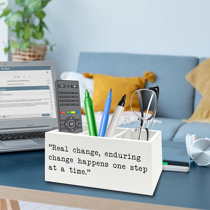 Inspirational Gifts Pen Pencil Holder Organizer for Desk, Inspirational Gifts for Women Men Wooden Box Signs Decorations for Home Office Desk Tabletop, Motivational Decor