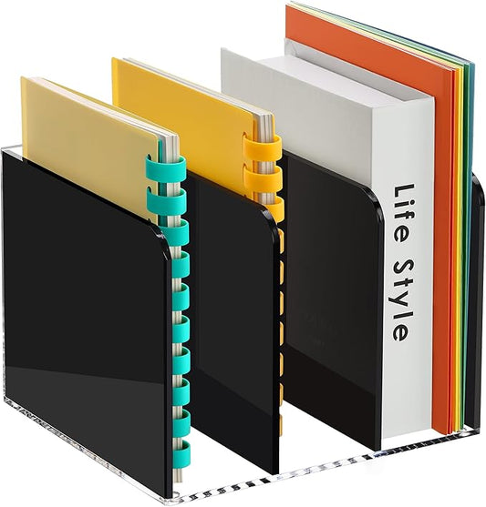 SANRUI Black Acrylic Magazine File Holder, 3 Vertical Compartments Desktap Organizer Folder Rack Workspace Document Sorters, Bookend File Office Accessories Organization Storage