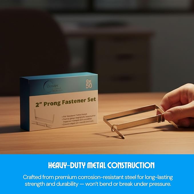 OLYMPX 50 Pcs of 2” Capacity Premium Metal Prong Paper Fastener Complete Set, 2.75 Inch Base with Standard 2-Hole Punch Compressor for Paper File Folder, 50 per Box