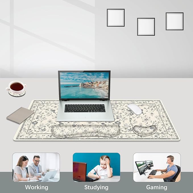 DINKY Desk Mat Mouse Pad, XXL Large Gaming Mouse Pad with Wrist Rest Wrist Support, Ergonomic Mouse Pads, Keyboard Wrist Rest, Desk Accessories Decor for Home Office, Apricot Art Leaf