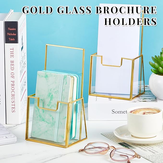 6 Pcs Gold Glass Brochure Holder 4 Inch Tabletop Literature Holder Stand Clear Trifold Pamphlet Flyer Brochure Display Stand for Magazine Booklets Menu Journals