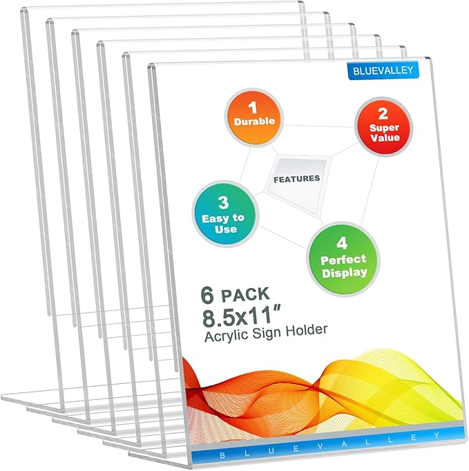 BlueValley Acrylic Sign Holder 8.5 x 11 Table Display Stand – Vertical Clear Plastic Paper Sign Frame for Flyer, Menu, Document – Free Standing Desk Photo Holder for Office, Home, Store, School, 6Pack