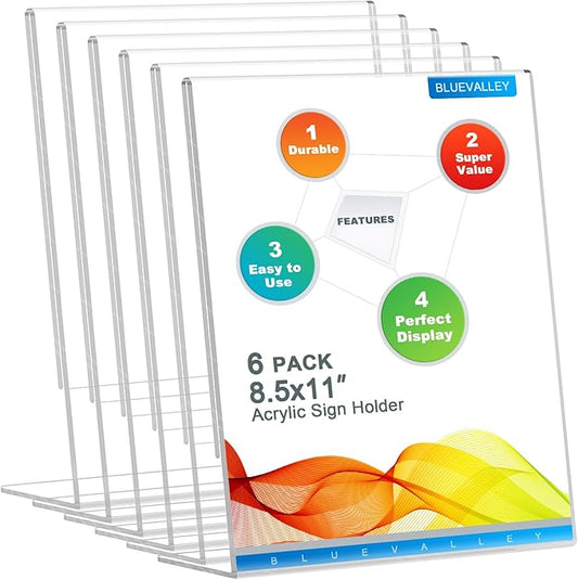 BlueValley Acrylic Sign Holder 8.5 x 11 Table Display Stand – Vertical Clear Plastic Paper Sign Frame for Flyer, Menu, Document – Free Standing Desk Photo Holder for Office, Home, Store, School, 6Pack