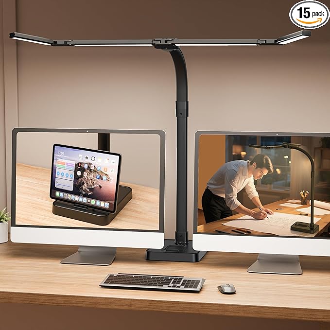 LED Desk Lamp for Home Office - 24W Bright Double Head Desk Light with Clamp Eye Caring Architect Task Light 25 Lighting Modes Adjustable Flexible Gooseneck Lamp (All Black)