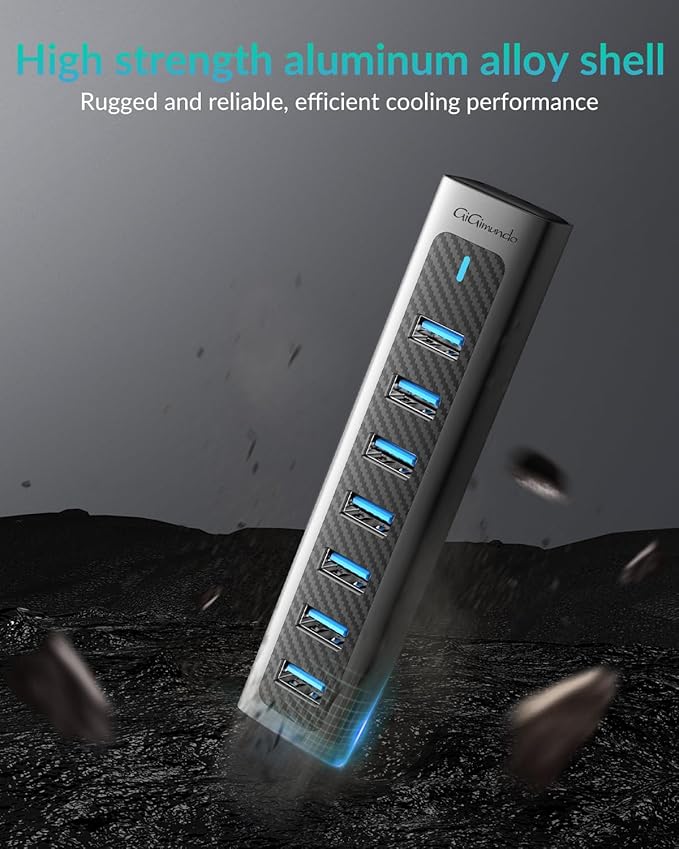 GM7U 7-Port USB 3.0 Hub, 6FT Long Cable, Aluminum, High-Speed, Multi Port Extender Hub, External Expansion Data Hub for PC Laptop, Desktop Computer, Older Mac, Black Grey