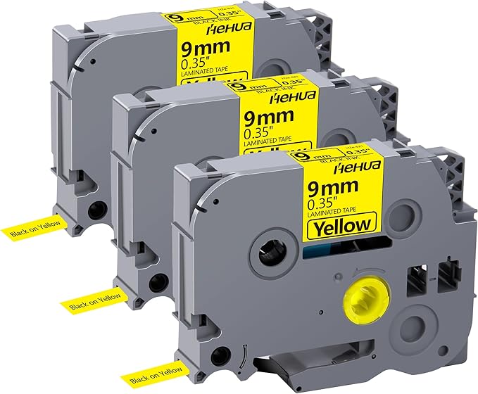 Hehua Tape Tze Tz 9mm 0.35 Laminated Yellow Compatible for Brother P-Touch TZe-621 TZe621 TZ-621 TZ621 Tape for Ptouch PT D210 D220 D200 D610 H110 1880, 3/8'' x 26.2ft Black on Yellow, 3 Pack
