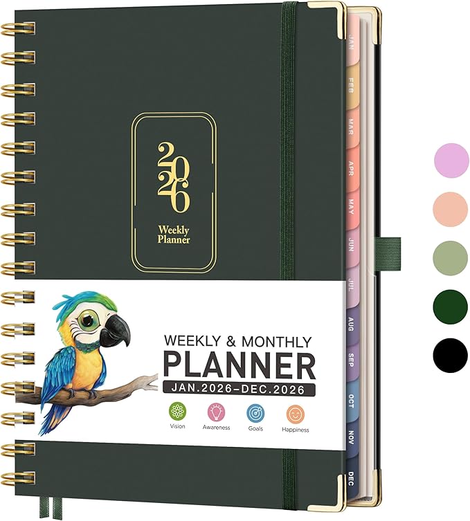 RETTACY 2026 Planner, Weekly and Monthly, Medium Size (5.7" x 8.3"), Jan - Dec 2026, Agenda, Calendar, 12 Month Tabs, Hardcover, 100 GSM Thick Paper, Spiral-bound (Dark Green)