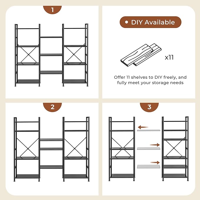 SUPERJARE Triple 4 Tier Bookshelf, Bookcase with 11 Open Display Shelves, Wide Book Shelf Book Case for Home & Office, Black