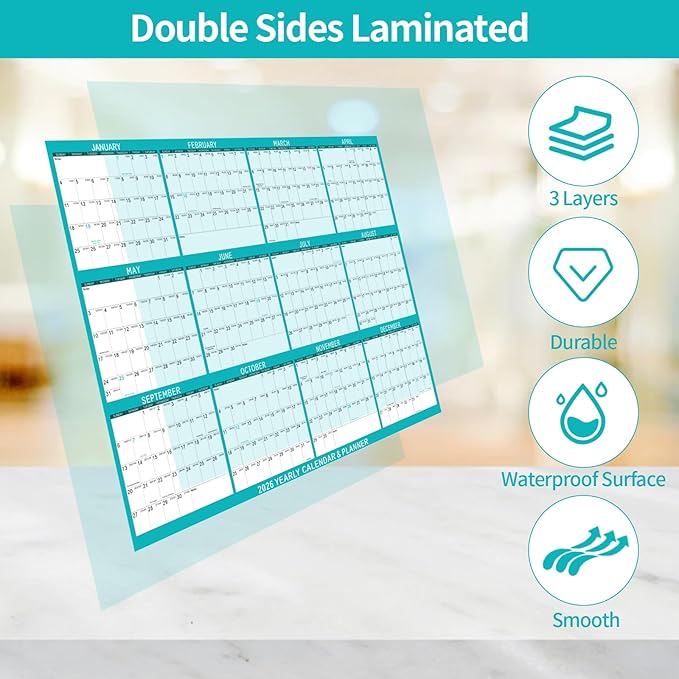 2026 Wall Calendar 24" x 36" Dry Erase Calendar for Wall from January 2026 to December 2026 12 Month Annual Large Yearly Wall Planner for Office School(Green)