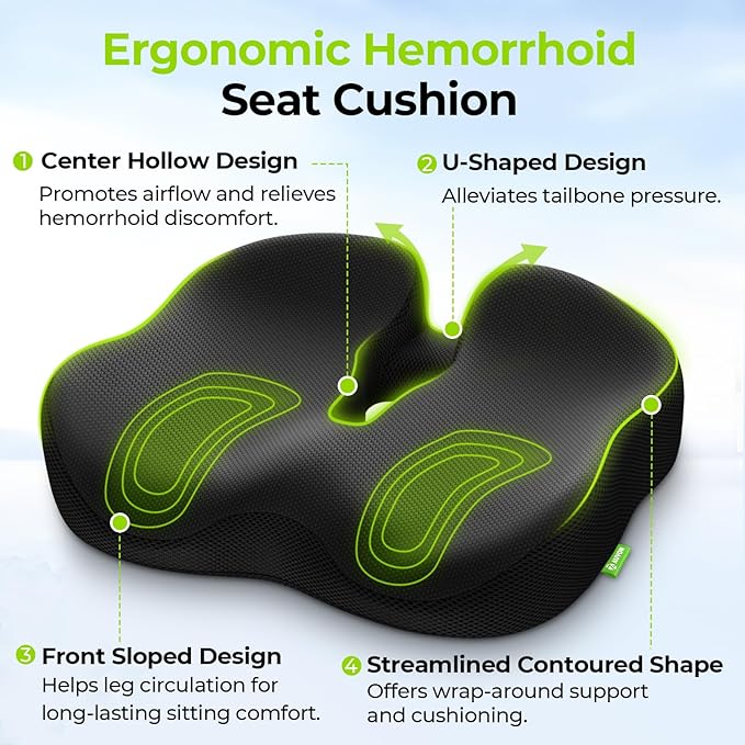 AUVON Ergonomic Donut Pillow Seat Cushion for Hemorrhoid & Tailbone Pain Relief, Thick Memory Foam Chair Cushions with Firm Support for Coccyx, Sciatica, Pressure Sores, Pregnancy, Postpartum Recovery