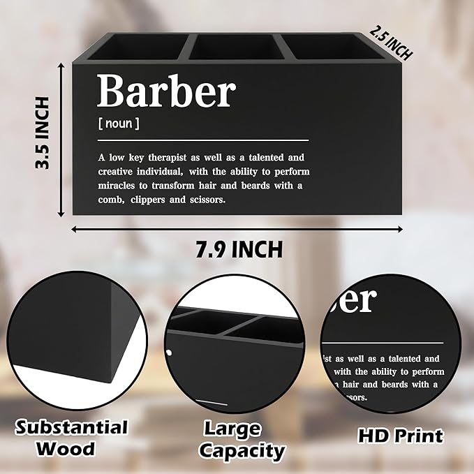 Barber Definition Pen Pencil Holder Organizer for Desk, Salon Barbershop Decor, Modern Minimalist Barber Shop Wooden Box Signs Decorations for Home Office Desk Tabletop