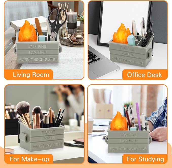 Dumpster Pencil Holder with Flame Light and Charging Port Dumpster Pen Holder Desk Accessories for Office Christmas Decor (Gray, 1P)