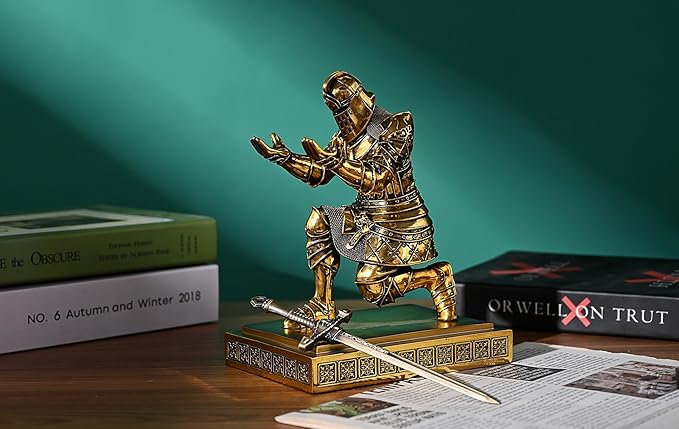 King's Guard Knight Pen Holder Pen Stand Desk Organizers and Accessories Resin Pencil Holder as Gift with a Metal Sword Letter Opener for Office and Home (Bronze(Plating))