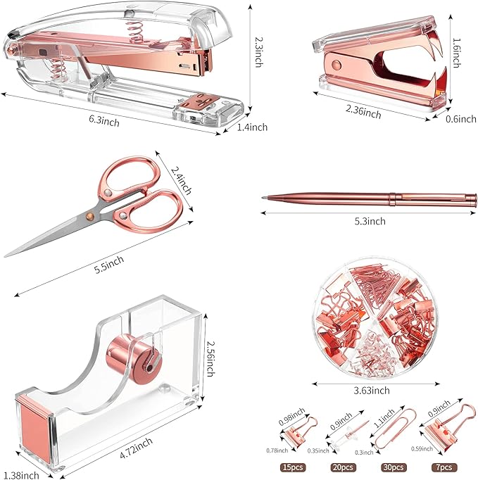 Office Supplies Set Desk Accessory Kit, Acrylic Stapler Set Staple Remover, Tape Dispenser, Binder Clips, Paper Clips, Ballpoint Pen and Scissor with 1000 Pieces 26/6 Staples (Rose Gold)