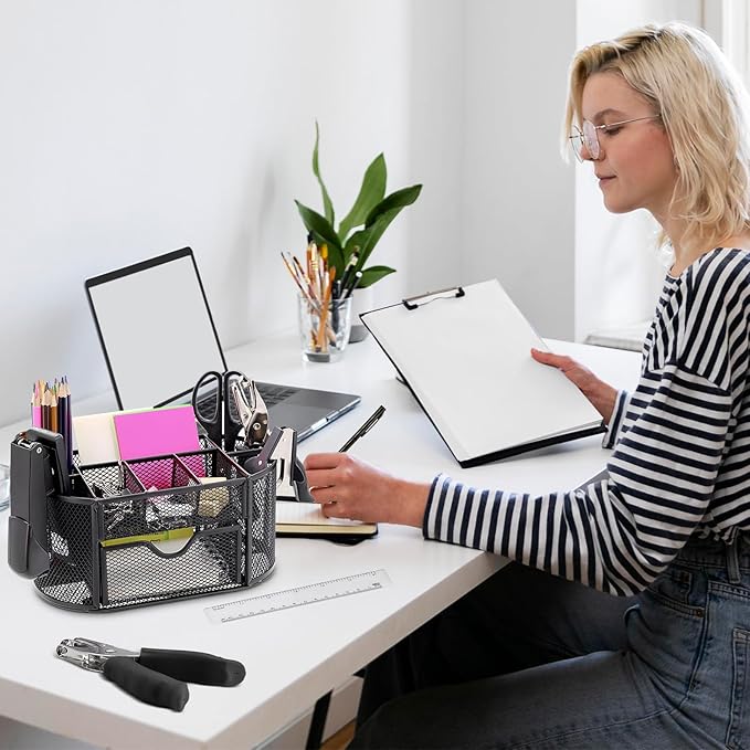 17 in 1 Black Desk Organizers and Accessories Set, 3 Office Desk Supplies Storage Organization, 4 Pens, Stapler, Staples & Remover, Tape & Dispenser, Scissors, Ruler, Clips, Hole Punch, Back to School