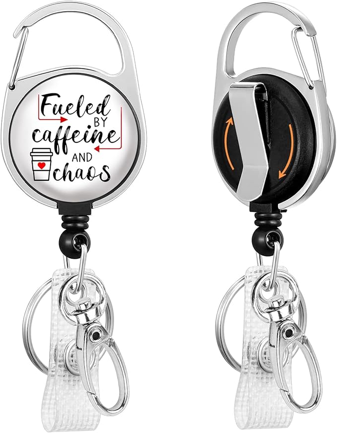Gctriki Badge Reel Holder Retractable Heavy Duty with 360° Swivel Carabiner Clip, Funny Fueled by Caffeine and Chaos ID Holder Name Badge Clip RN Nurse Medical Badge Reel Retractable Keychain Gifts