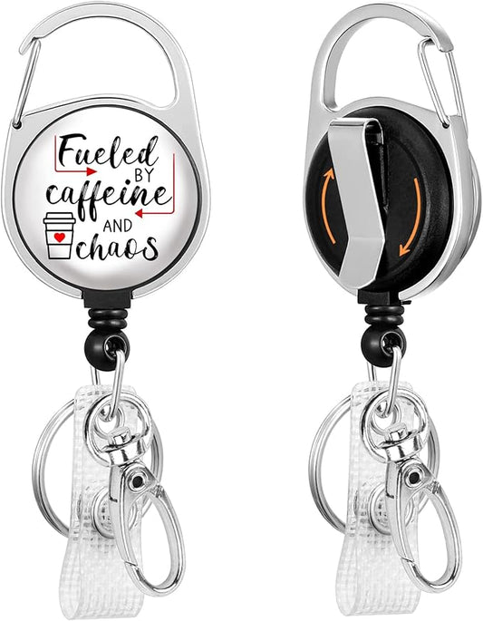 Gctriki Badge Reel Holder Retractable Heavy Duty with 360° Swivel Carabiner Clip, Funny Fueled by Caffeine and Chaos ID Holder Name Badge Clip RN Nurse Medical Badge Reel Retractable Keychain Gifts