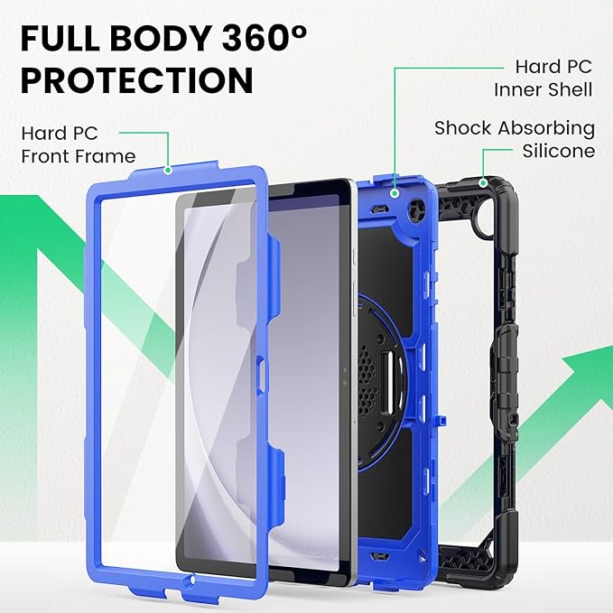 SEYMAC Case for Samsung Galaxy Tab A9+/ A9 Plus 11" (SM-X210/X216/X218), Heavy Duty Shockproof Protective Case with Screen Protector, Rotating Stand, Hand/Shoulder Strap and Pen Holder, Blue