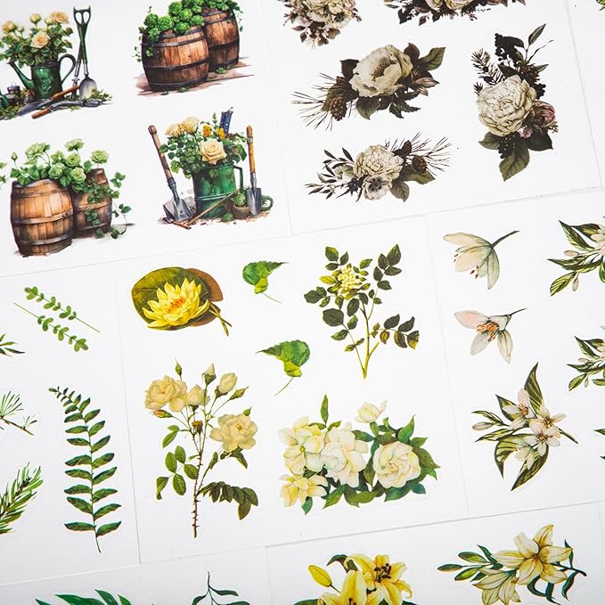 Green Leaf Theme Sticker Scrapbooking Supplies for Junk Journal 50 Sheets, Include 25 PET Stickers and 25 Paper of Scene Material Paper - Vintage Journaling Stickers (TZ-006-008)