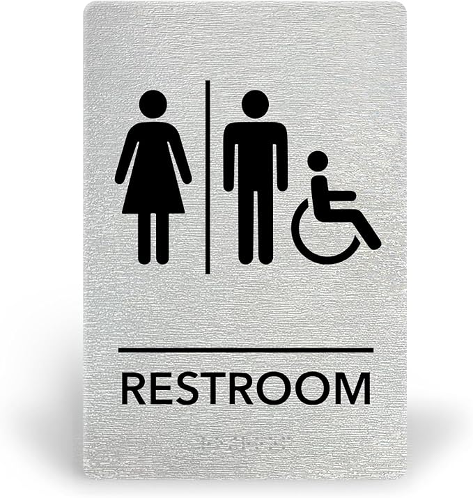 Promot Unisex Handicap Bathroom Sign – ADA Braille Restroom Sign for Business, Self-Adhesive, 9" x 6", Commercial Door Signage, Office Wall Decor - Brushed Steel