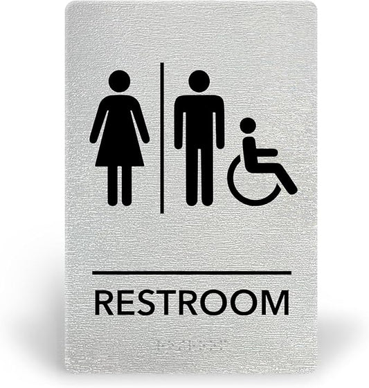 Promot Unisex Handicap Bathroom Sign – ADA Braille Restroom Sign for Business, Self-Adhesive, 9" x 6", Commercial Door Signage, Office Wall Decor - Brushed Steel