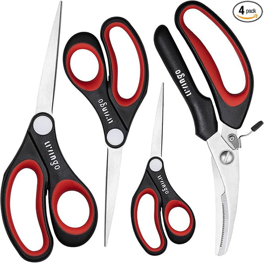 LIVINGO All Purpose Scissors Set - 4 Pack Sharp Multipurpose Heavy Duty Shears for Kitchen Cooking Sewing Fabric Cutting Poultry Food Paper Craft Office Household School Multi Pack Utility Shears