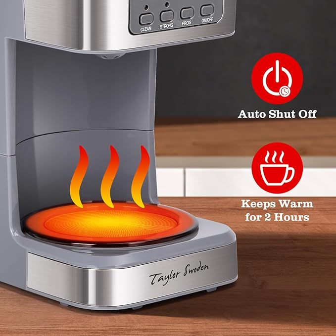 Taylor Swoden 12-Cup Programmable Coffee Maker, Regular & Strong Brew Drip Coffee Machine for Home and Office, Glass Carafe, Pause & Serve, Auto Shut Off, Gray & Stainless Steel