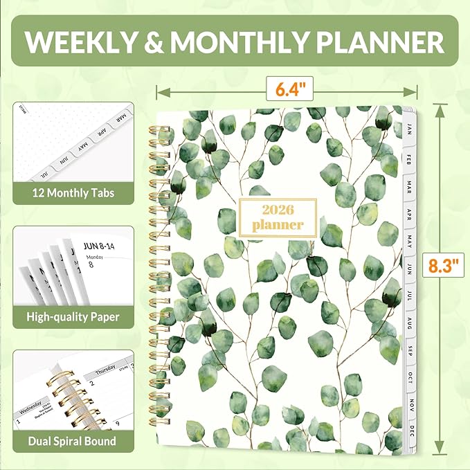 SUNEE Planner 2026 Weekly and Monthly, January 2026-December 2026, 6.4"x8.3", Tabs, Note Pages,Spiral Binding, Eucalyptus