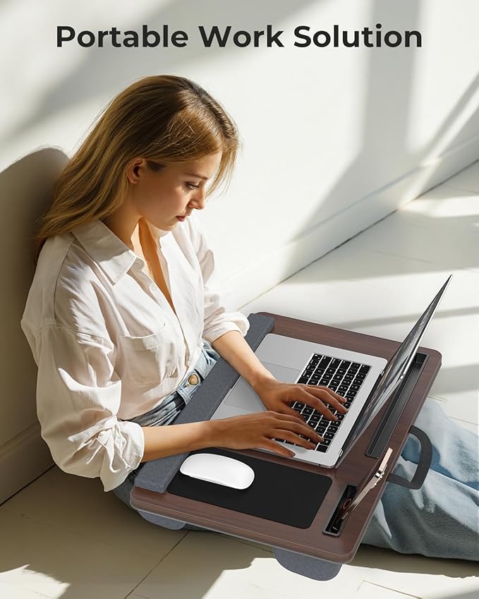 Lap Desk - Up to 17” Laptop Tray with Wrist Rest, Portable Handle, Fixed Mouse Pad, Tablet & Phone Slots, Laptop Lap Desk with Cushion (Dark Brown)