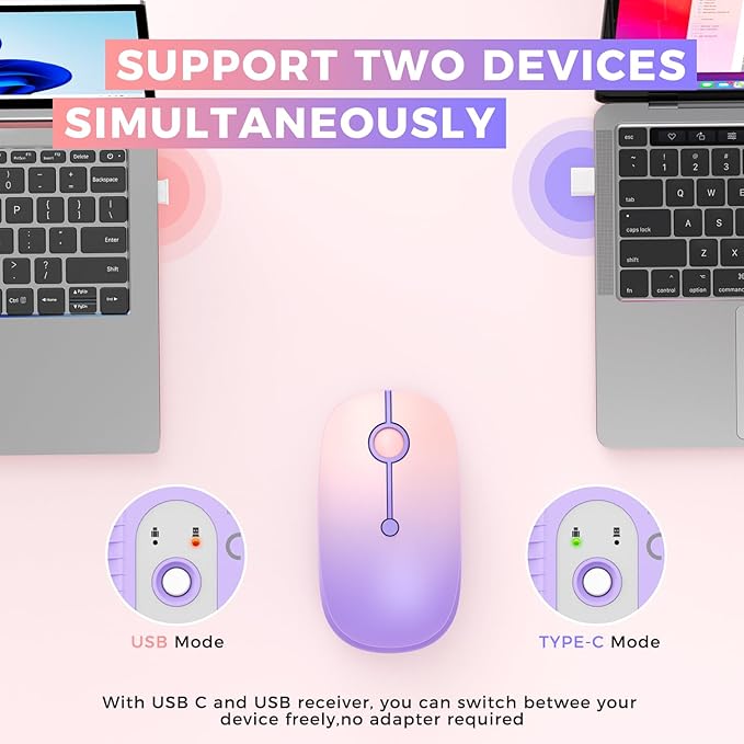 VssoPlor Type C Wireless Mouse, USB C MacBook Wireless Mouse Dual Mode 2.4G Cordless Mice with Nano USB and Type C Receiver Compatible with PC, Laptop, MacBook, ipad-Gradient Purple