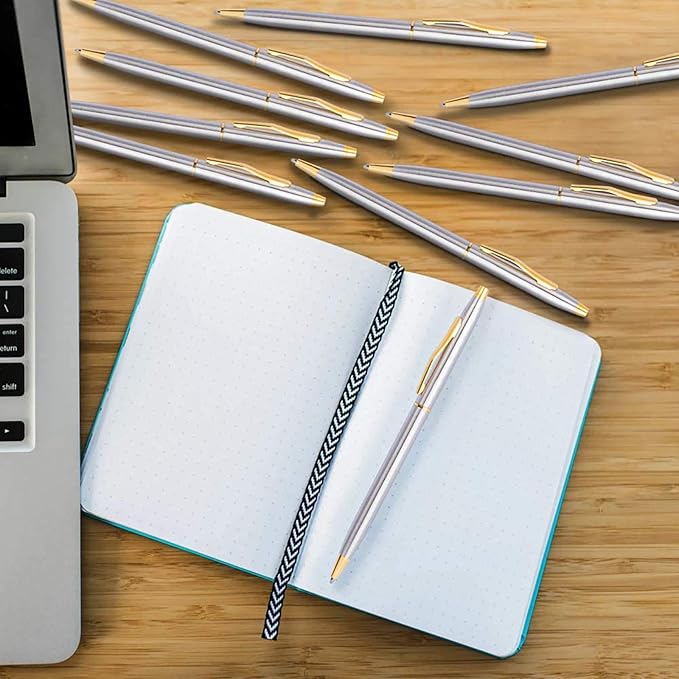 Cambond Black Pens Ballpoint Pens - Fancy Pens Comfortable Writing Gift Mini Conical Sliver Pen Slim Retractable Smooth Writing Bulk 1.0mm Medium Poin, 10 Pack (Silver)