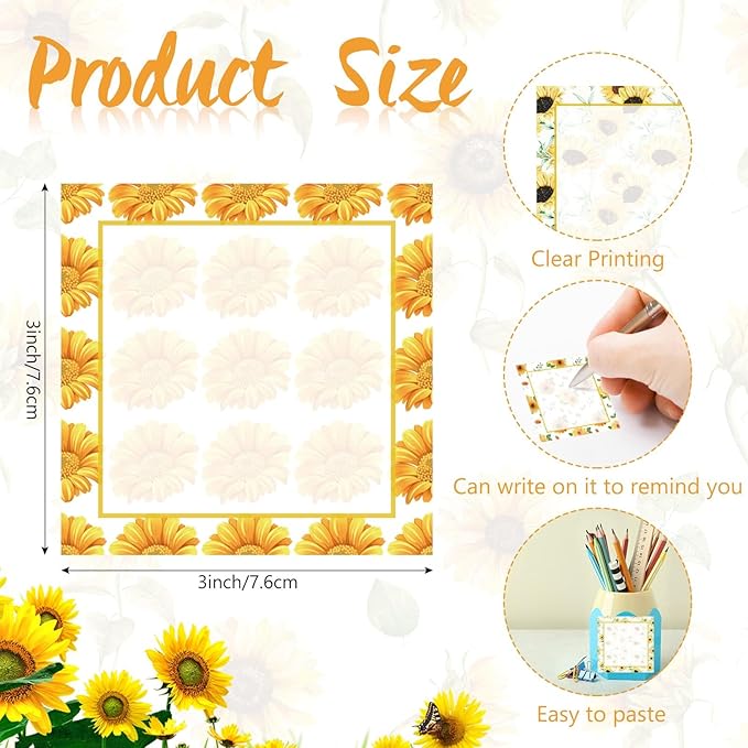 9 Pieces Sunflower Sticky Note Adhesive Cute Sunflower Memo Notes Self-Stick Spring Sunflower SNote Pads for Reminders, Study, Work, Office, School and Home, 9 Styles
