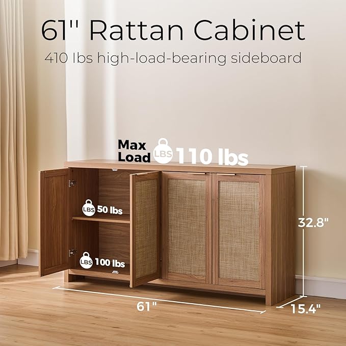 Walsham 61'' Buffet Cabinet with Storage, Adjustable Shelf Sideboard Rattan Entryway Console Cabinet with Doors Modern Credenza Coffee Bar Station for Kichen Living Room Holds 410lb Weathered Oak